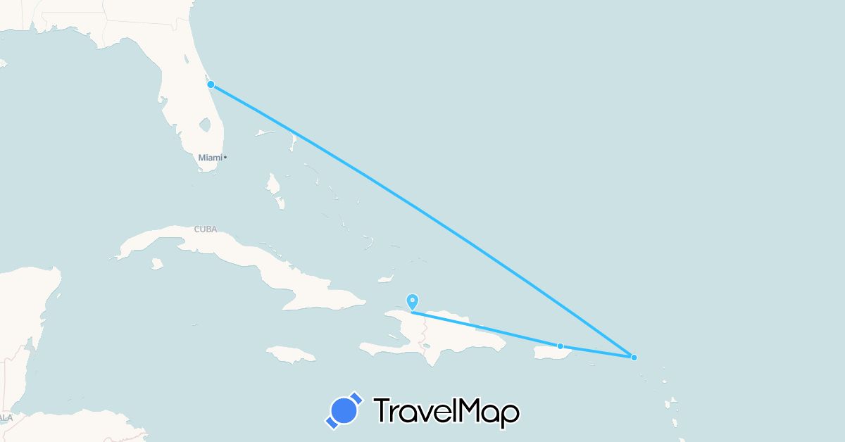 TravelMap itinerary: driving, boat in Haiti, Saint Martin, Puerto Rico, United States (North America)